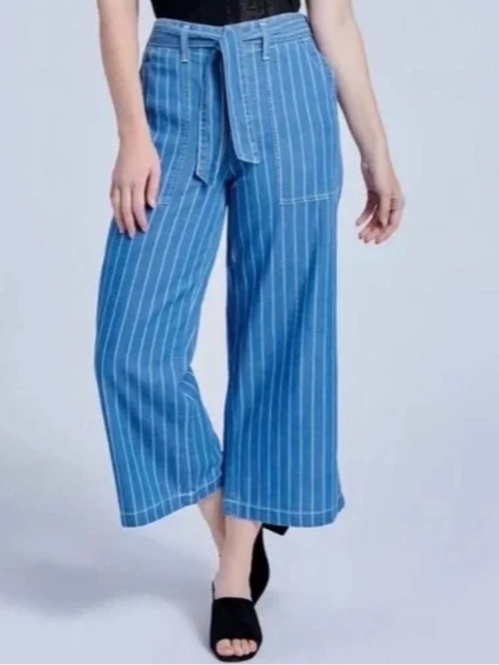 SEVEN7 Size 4 Wide Leg Crop Pant Striped Denim POCKETS Self-Tie Belt